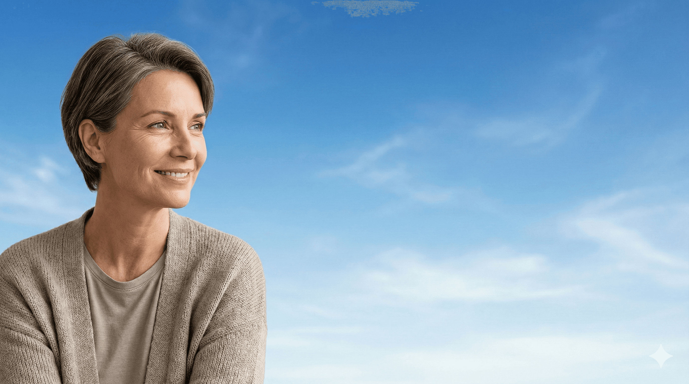 Smiling woman looking ahead against a blue sky